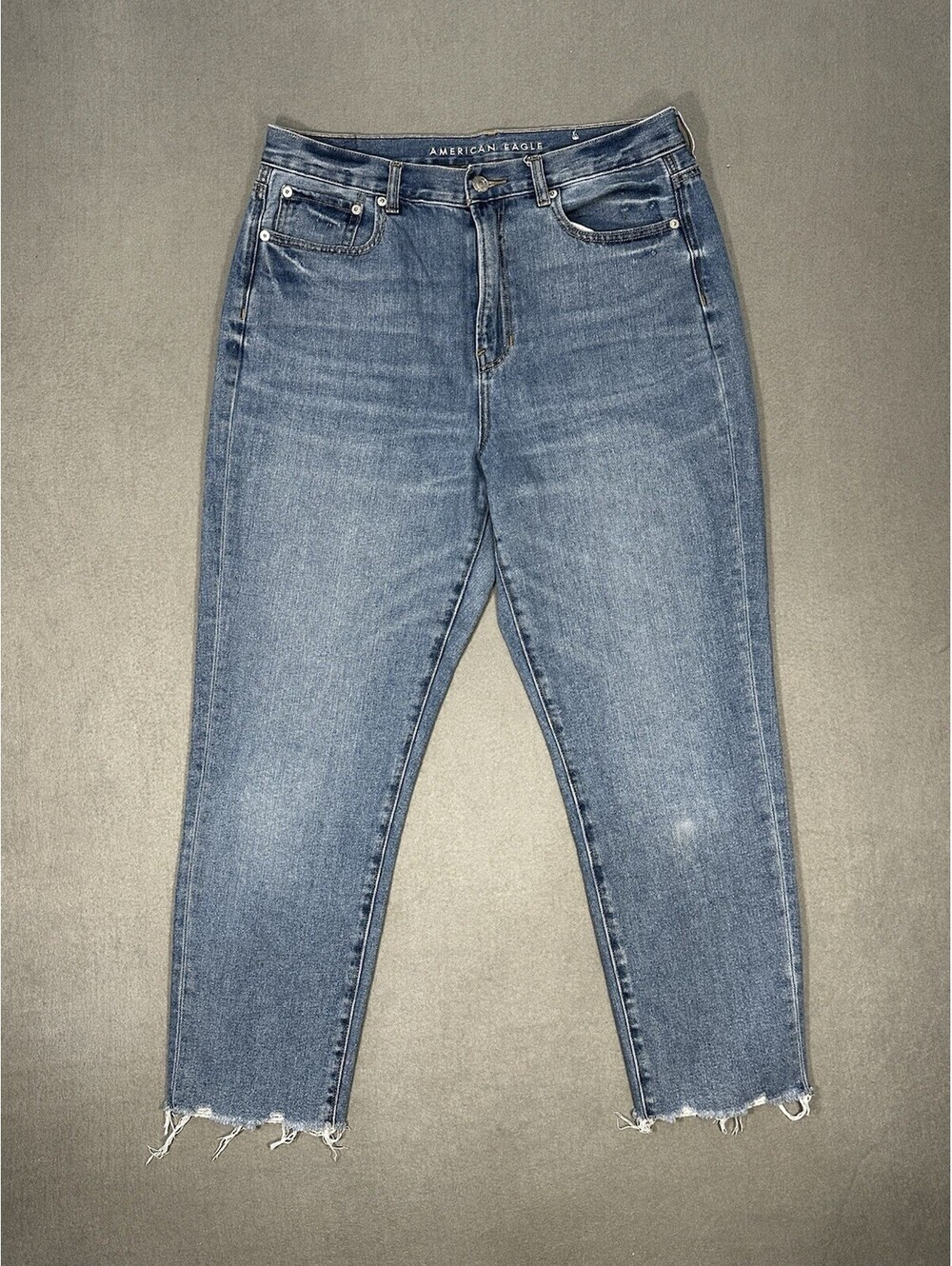 American Eagle Mom Jeans Womens Size 12 High Rise Light Wash Raw Hem Denim
